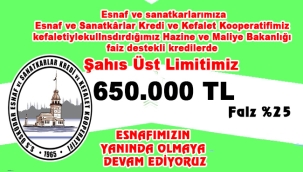 Kooperatifimiz Kefaletiyle Hazine destekli Şahıs Kredi Üst Limitimiz 650.000TL 